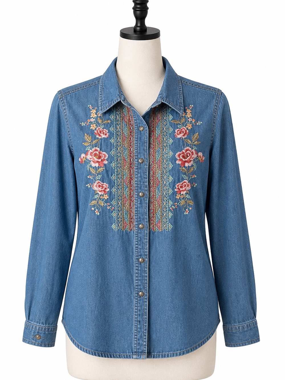 Scandia‎ Woods Denim Button-Down Shirt with Rose Embroidery - Blue, Size L